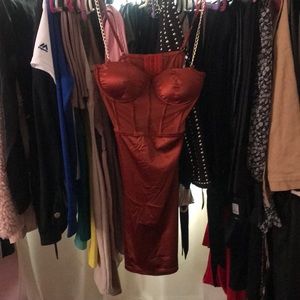 Rust satin bustier/mesh dress